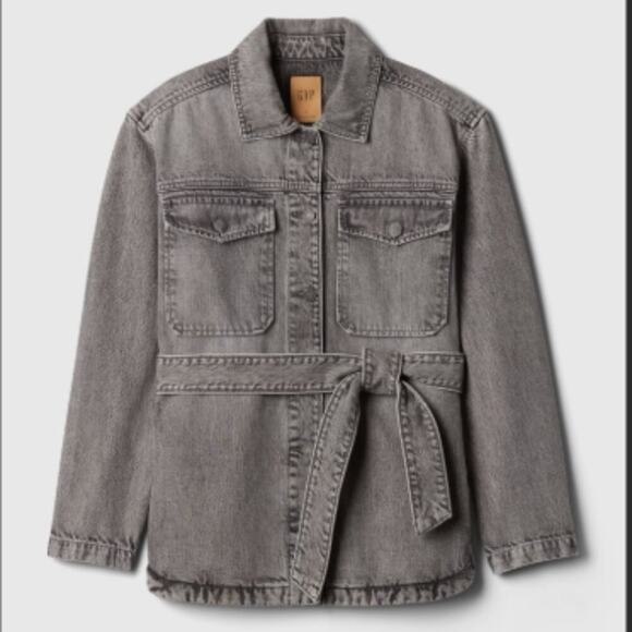 Gap Grey Wash Belted Denim Shirt Jacket - Picture 3 of 4